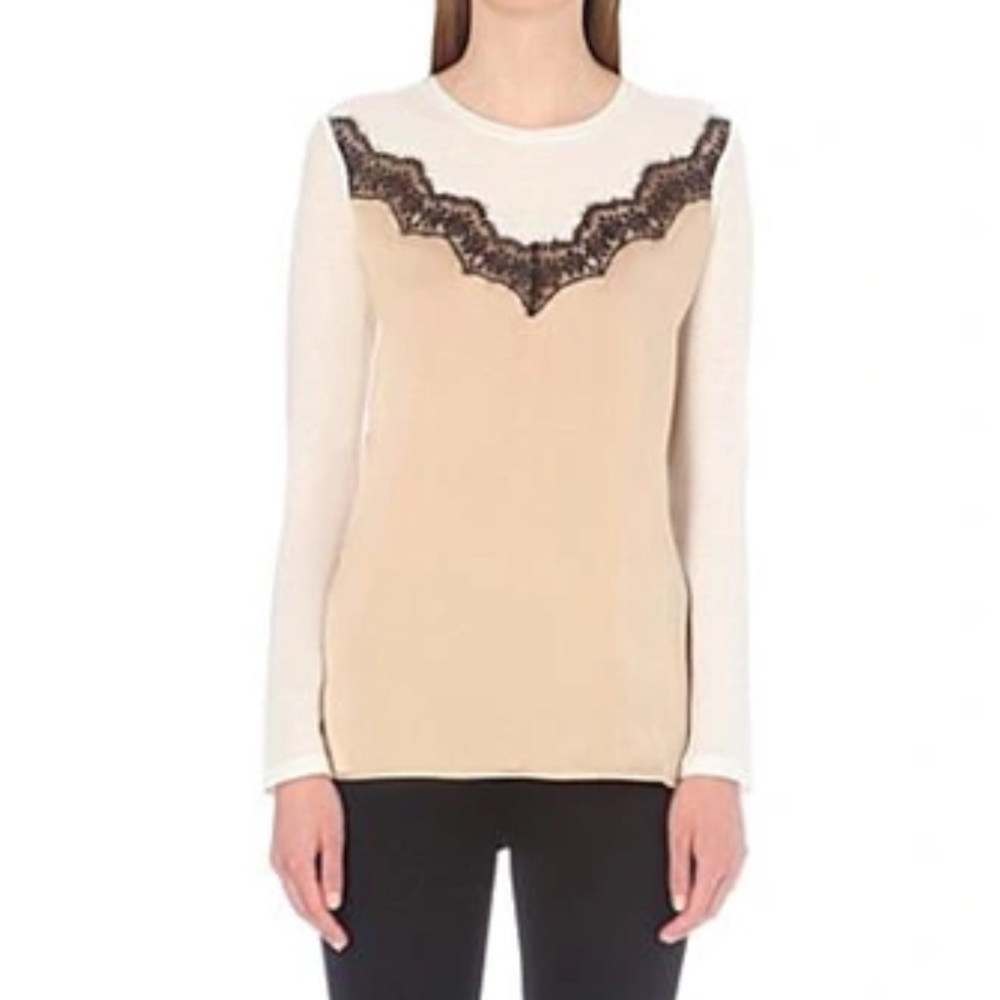 SANDRO Paris Ame Silk And Cotton Top in Beige Sz 1 = Sz S Lace Trim Layered Look